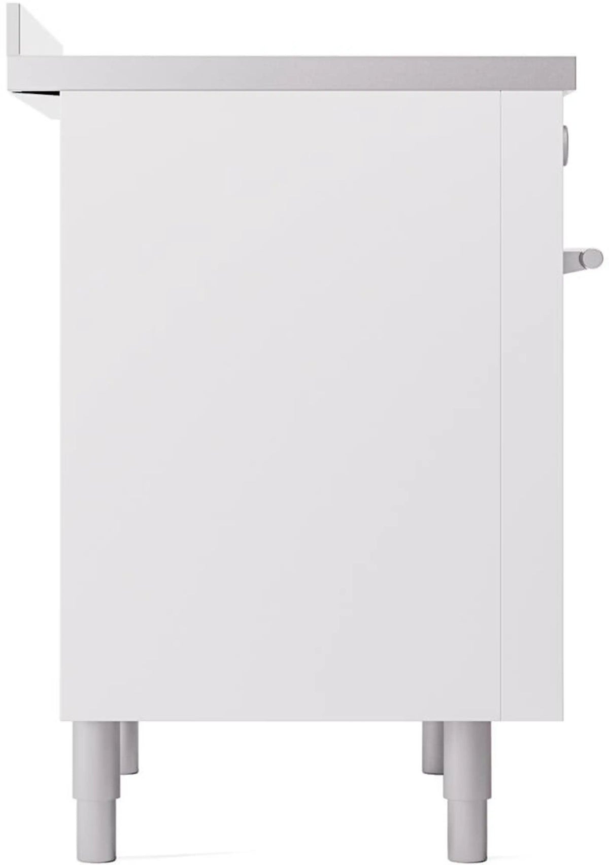 White induction range cabinet side panel with front legs and rear cutout