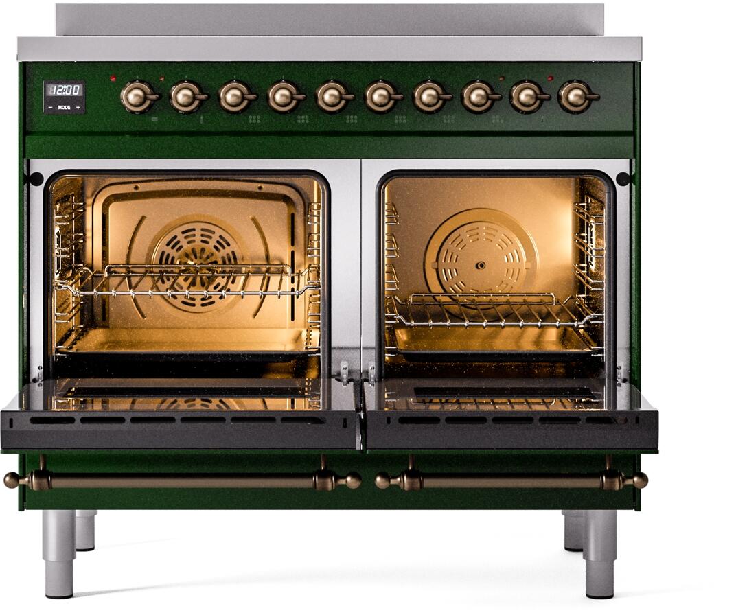 Emerald green range with both oven doors open showing interior racks and fan