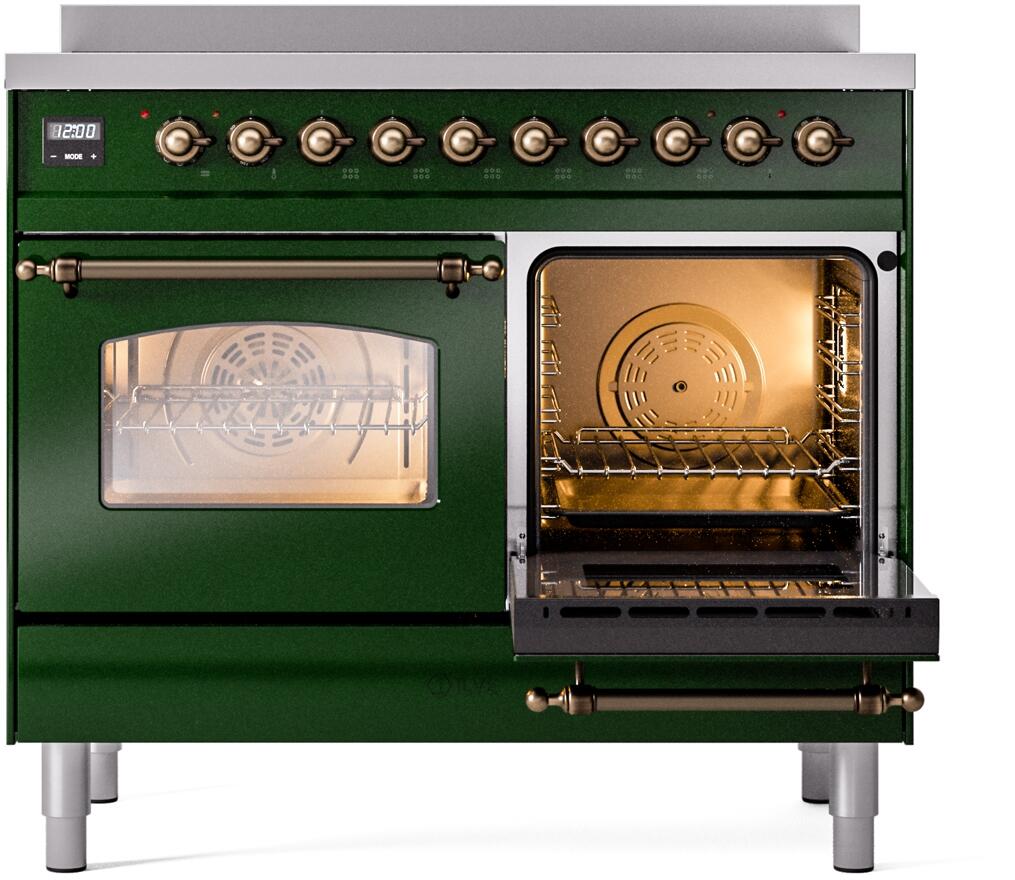 Emerald green range front with one oven door open and another glass window