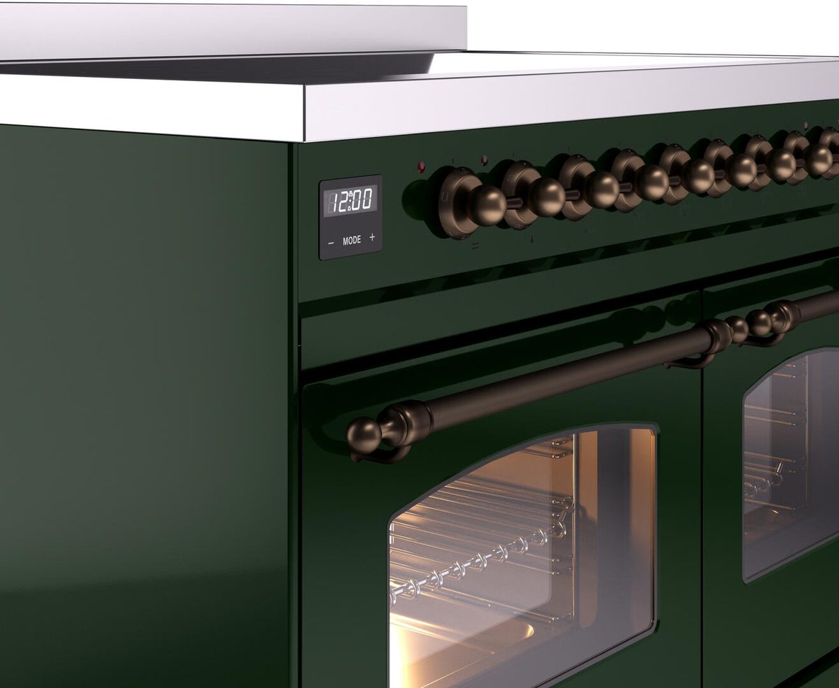 Emerald green range side view with bronze knob row and curved oven handle