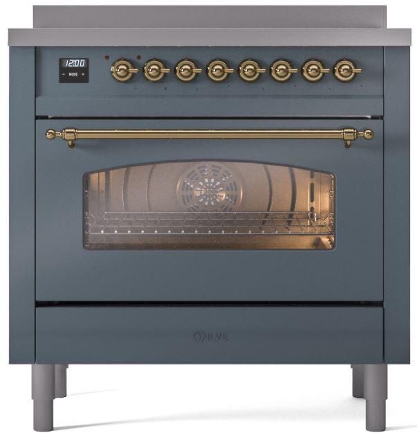 Blue grey induction range front view with brass handle and oven door window