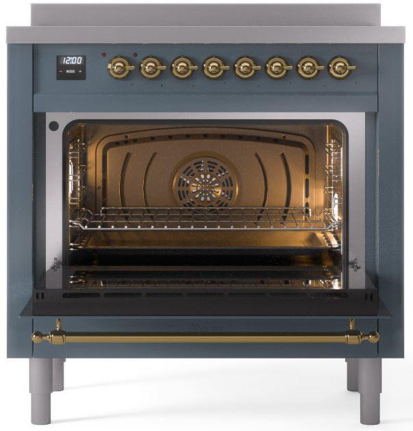 Blue grey induction range open oven door with brass handle and interior racks