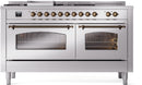 ILVE Nostalgie II 60-Inch Natural Gas Dual Fuel Range with 7 Burners, Griddle, & French Top with Triple Glass Door Oven in Stainless Steel with Bronze Trim (UP60FSNMPSSB)