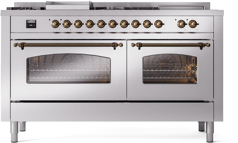 ILVE Nostalgie II 60-Inch Dual Fuel Range with 7 Burners, Griddle, & French Top with Triple Glass Door Oven in Stainless Steel with Bronze Trim (UP60FSNMPSSB)