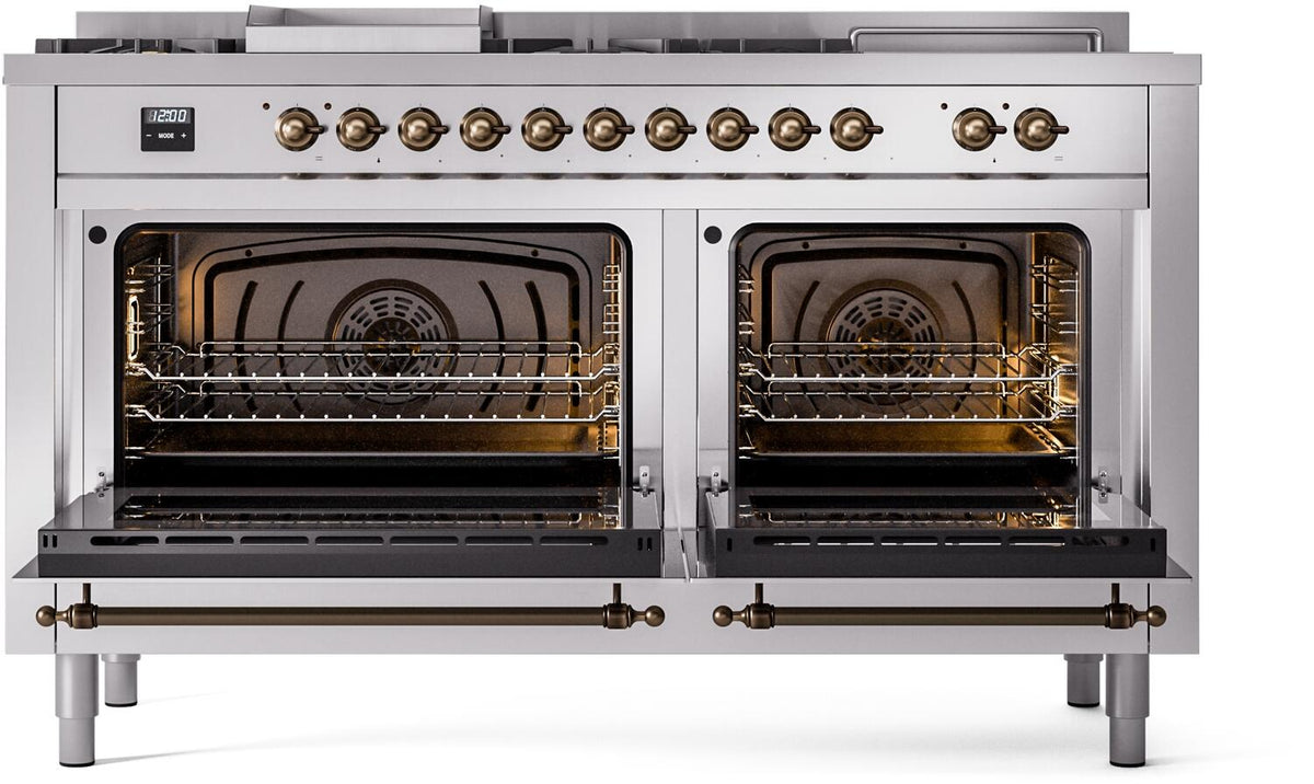 Stainless dual fuel range with both ovens open, showing racks inside