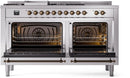 ILVE Nostalgie II 60-Inch Natural Gas Dual Fuel Range with 7 Burners, Griddle, & French Top with Triple Glass Door Oven in Stainless Steel with Bronze Trim (UP60FSNMPSSB)