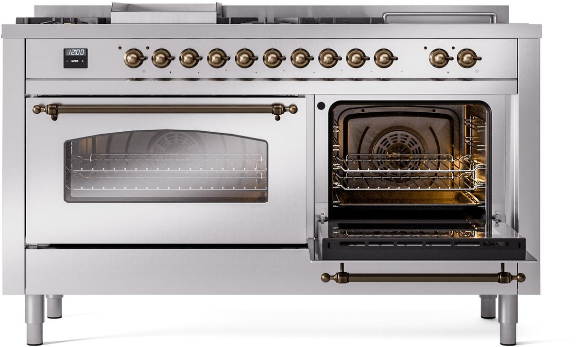 Stainless dual fuel range with one oven open and another door closed, bronze handles