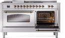 ILVE Nostalgie II 60-Inch Propane Gas Dual Fuel Range with 7 Burners, Griddle, & French Top with Triple Glass Door Oven in Stainless Steel with Bronze Trim (UP60FSNMPSSBLP)
