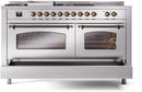 ILVE Nostalgie II 60-Inch Propane Gas Dual Fuel Range with 7 Burners, Griddle, & French Top with Triple Glass Door Oven in Stainless Steel with Bronze Trim (UP60FSNMPSSBLP)