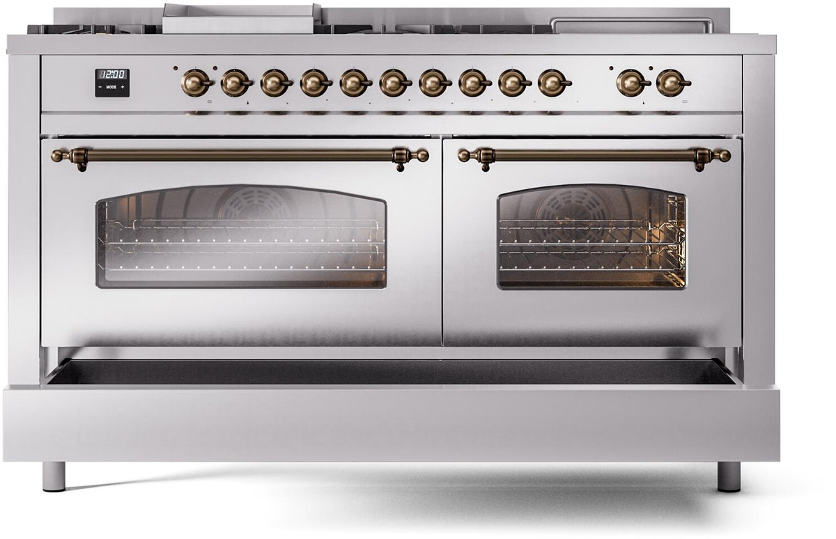 Stainless steel dual fuel range with two oven doors and open lower access panel