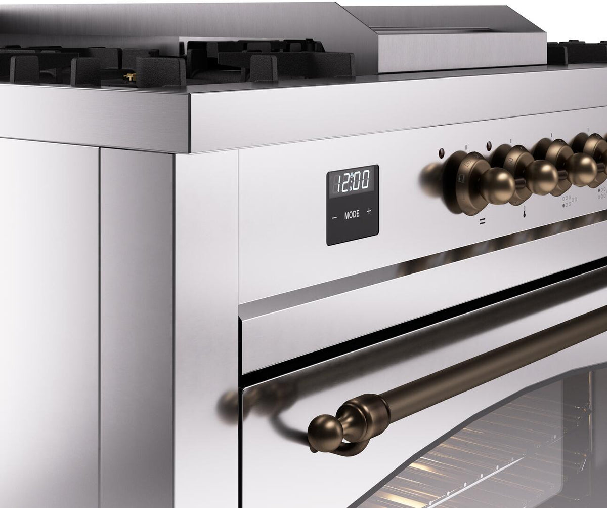 Close-up of stainless control panel with bronze knobs and digital display