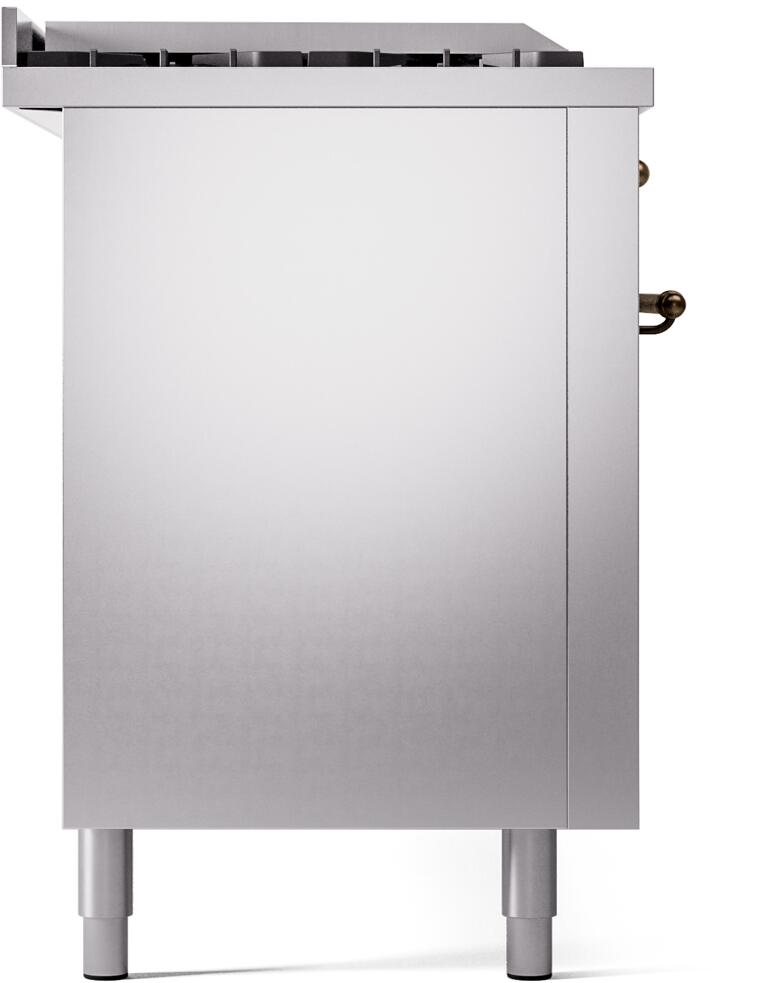 Backless stainless range cabinet with feet, side panel, and top vent area