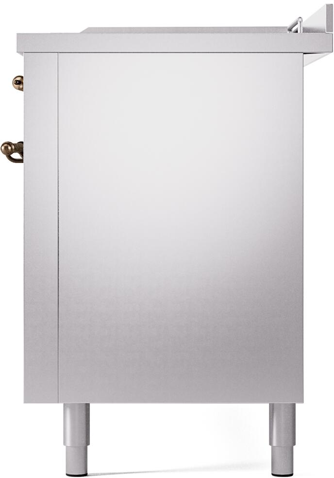 Stainless range side panel with bronze handle detail and adjustable leveling feet
