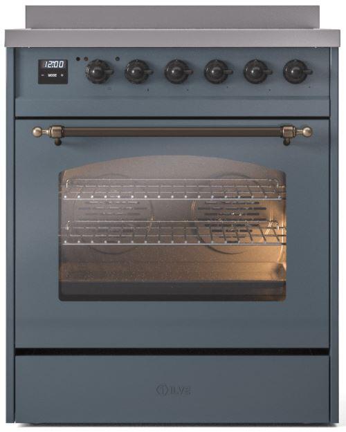 Blue grey freestanding electric induction range with bronze bar handle and oven window