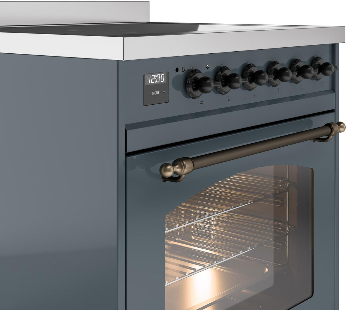 Control panel and open oven on blue grey freestanding electric induction range with bronze handle