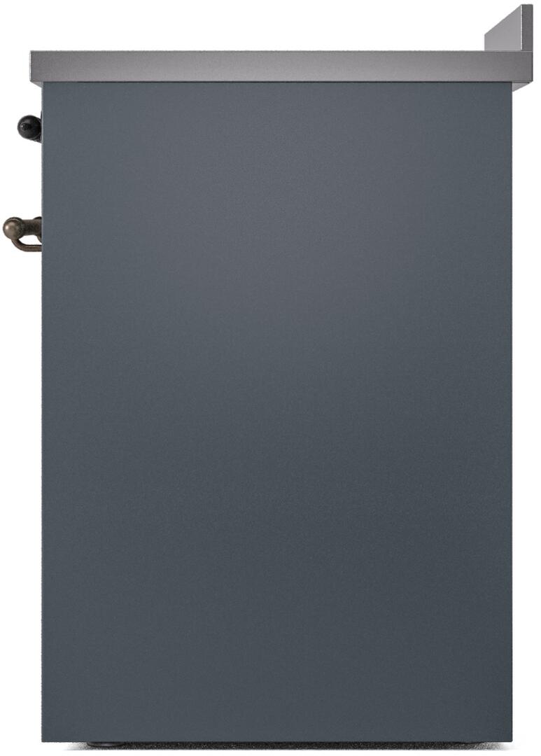 Side view of blue grey freestanding electric induction range with stainless top trim