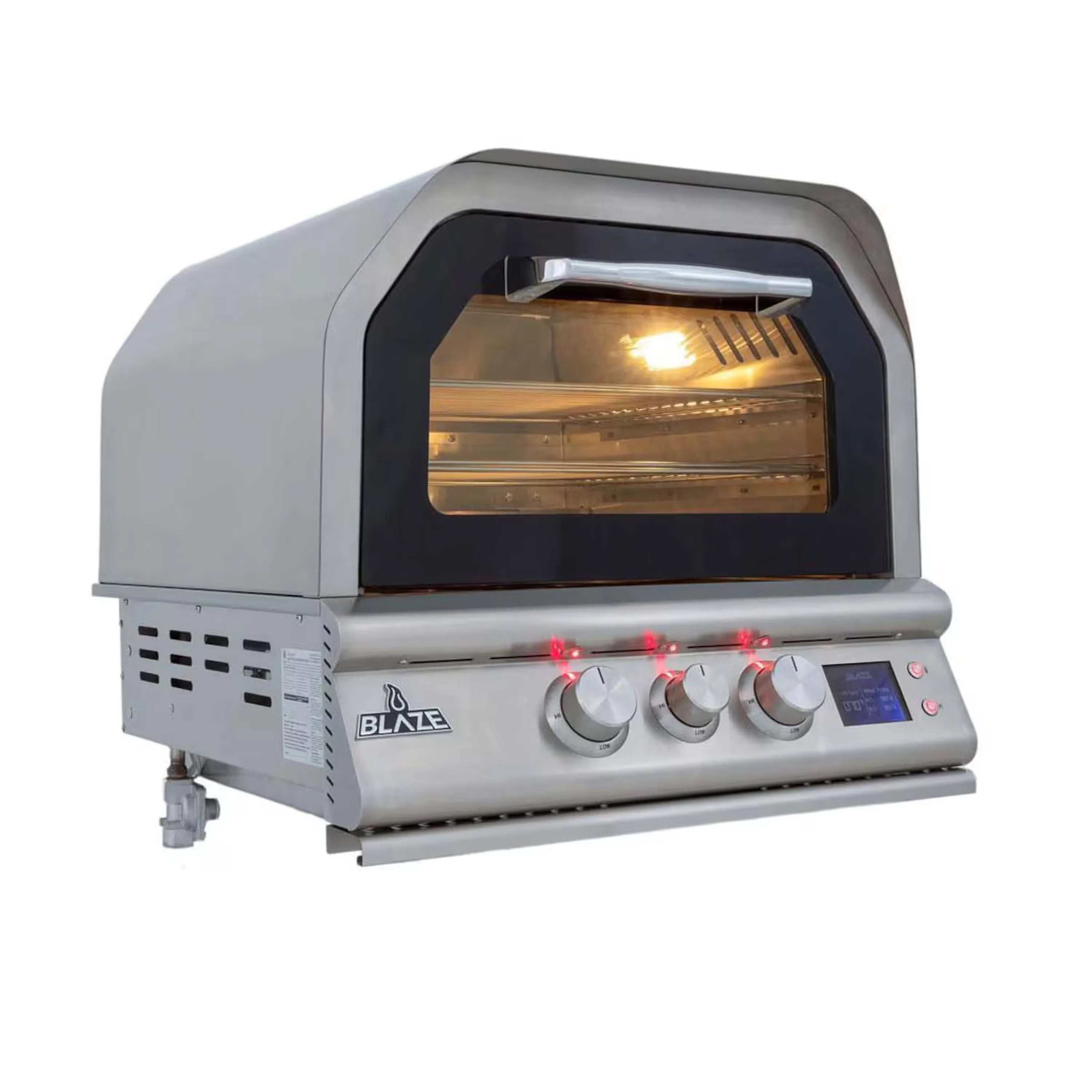 Outdoor gas oven with glass front door, three control knobs, and BLZ branding