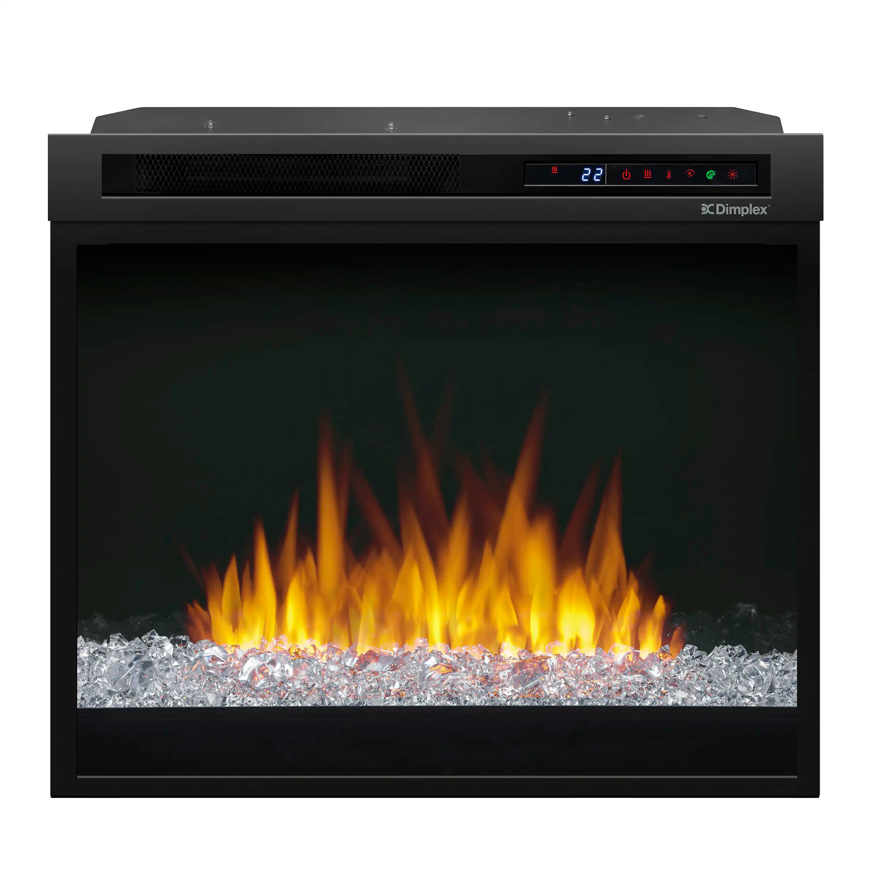 Black electric firebox front with glowing flames and clear acrylic ember bed