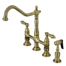Kingston Brass Heritage Bridge Kitchen Faucet with Brass Side Sprayer, Antique Brass (KS1273ALBS)