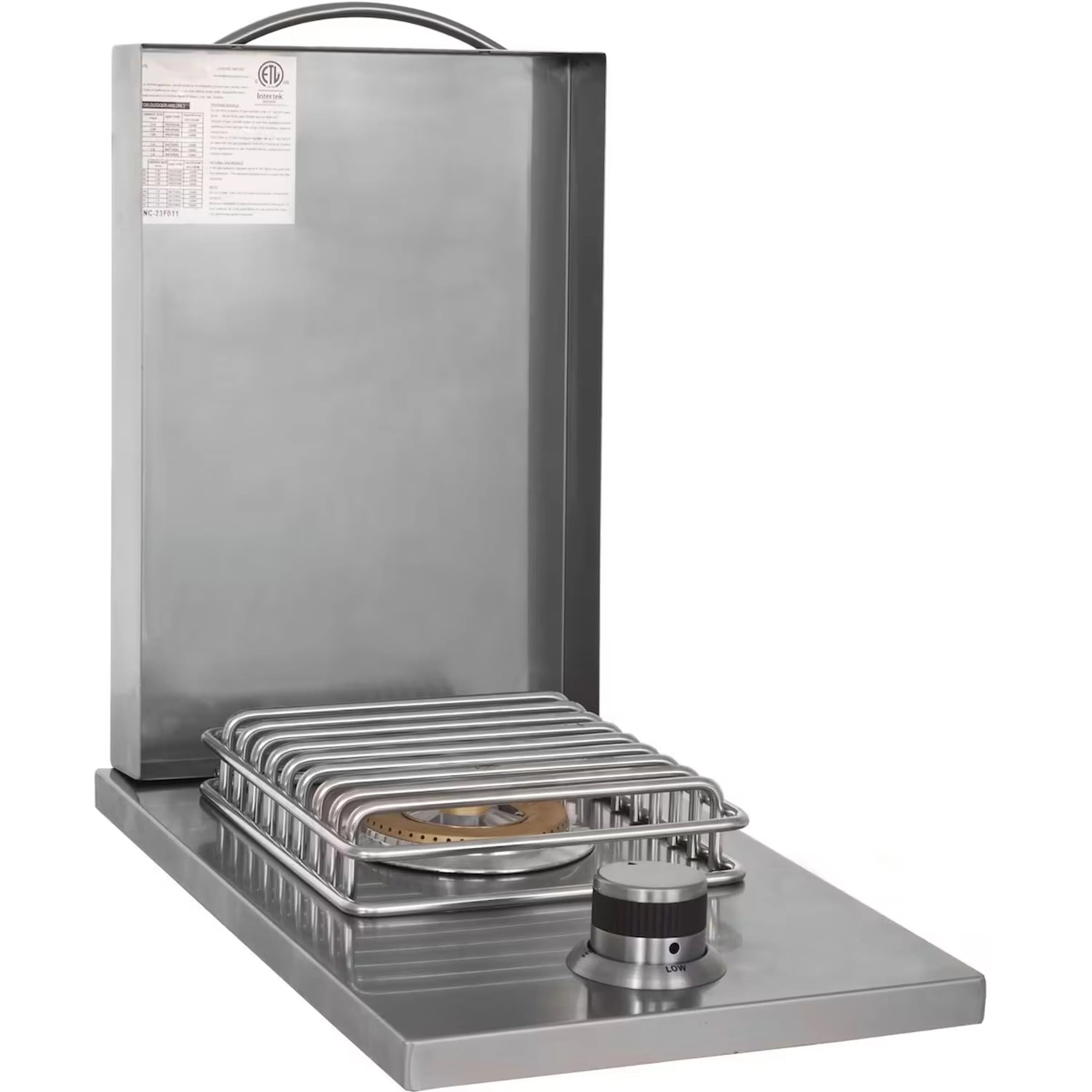 Stainless drop-in side burner with burner grate, control knob, and gas hose