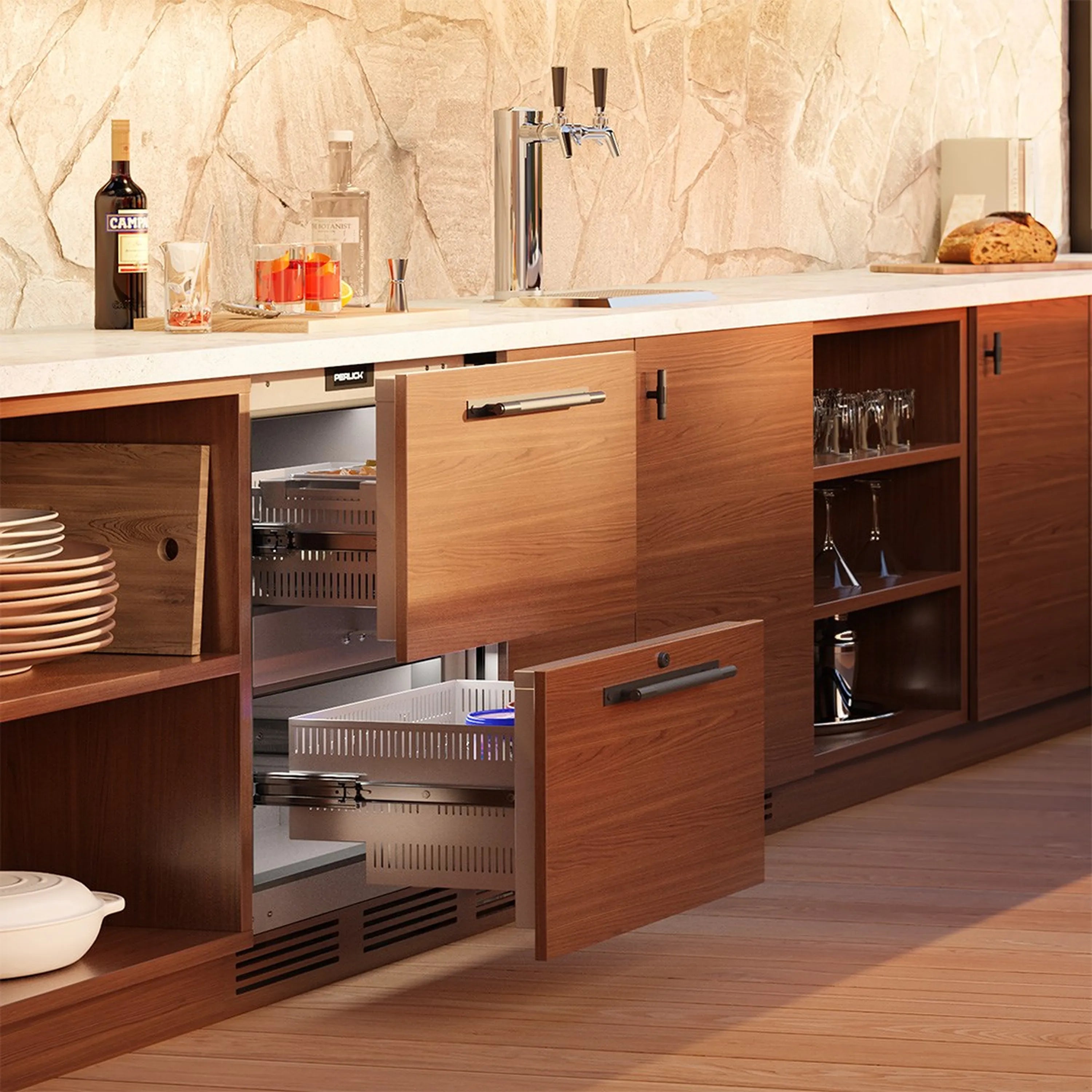 Stainless undercounter refrigerator drawers installed in wood cabinetry with doors open