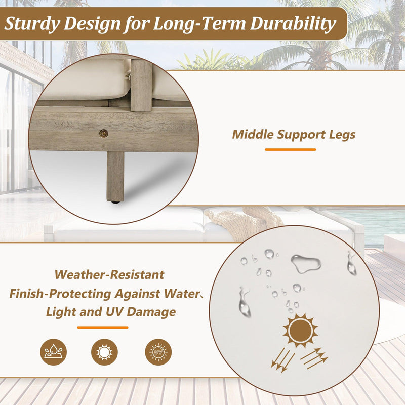 Parrot Uncle Outdoor Patio Daybed with Four Pillows, Wooden Outdoor Bed with Curved Armrests for Poolside, Backyard, Garden