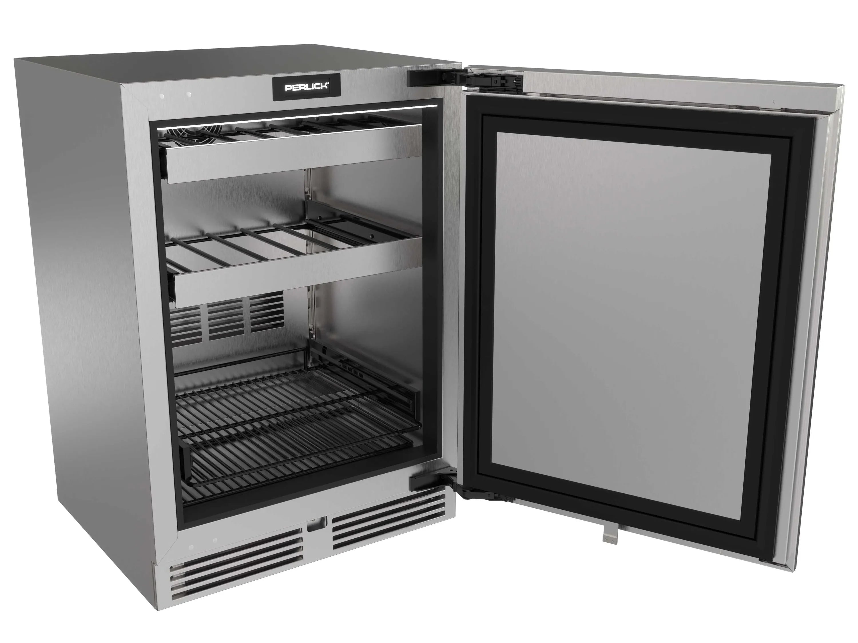 Undercounter beverage refrigerator with open door, stainless interior shelves and racks