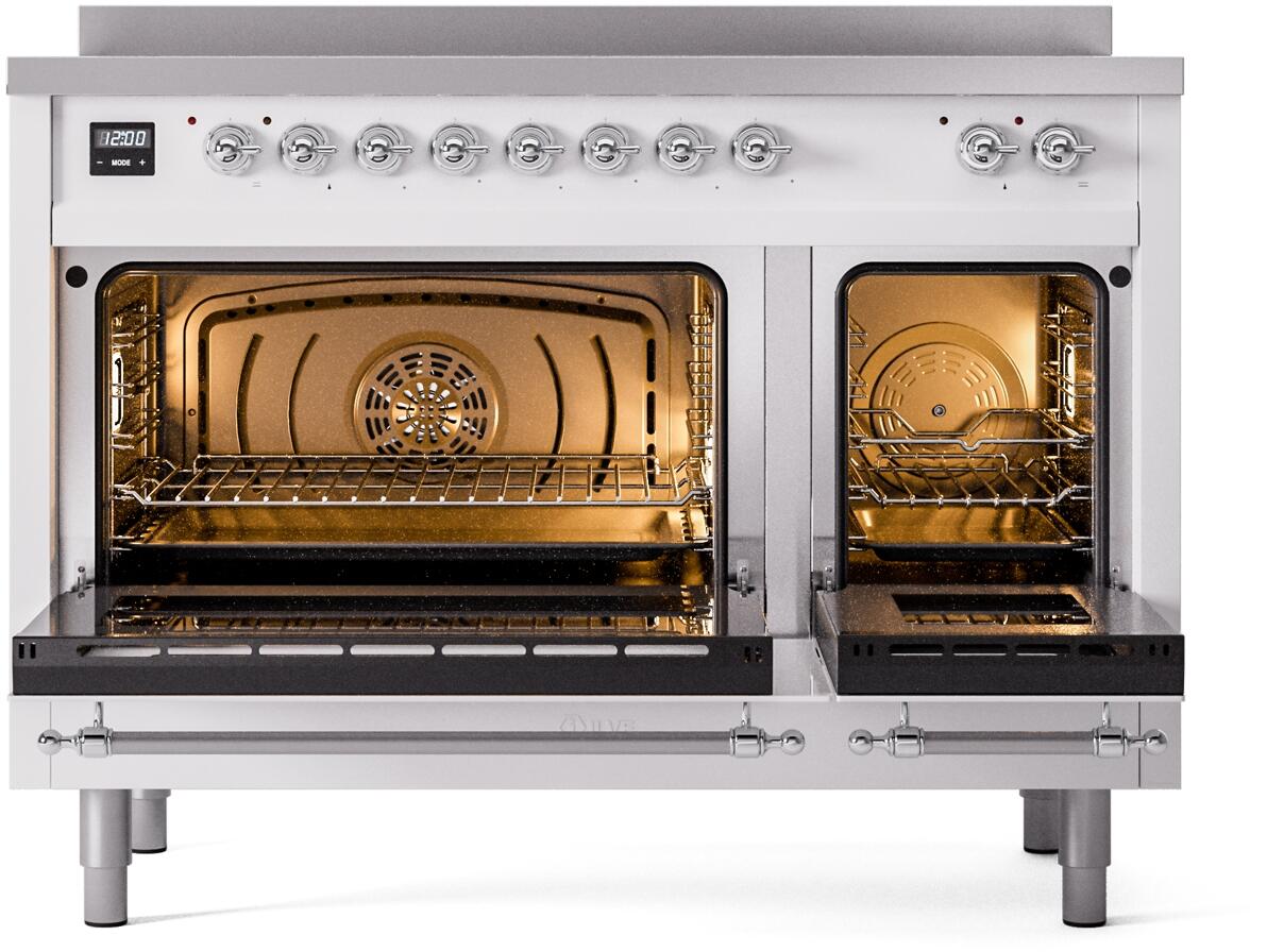 White freestanding induction range with both oven doors open, chrome trim, wire racks