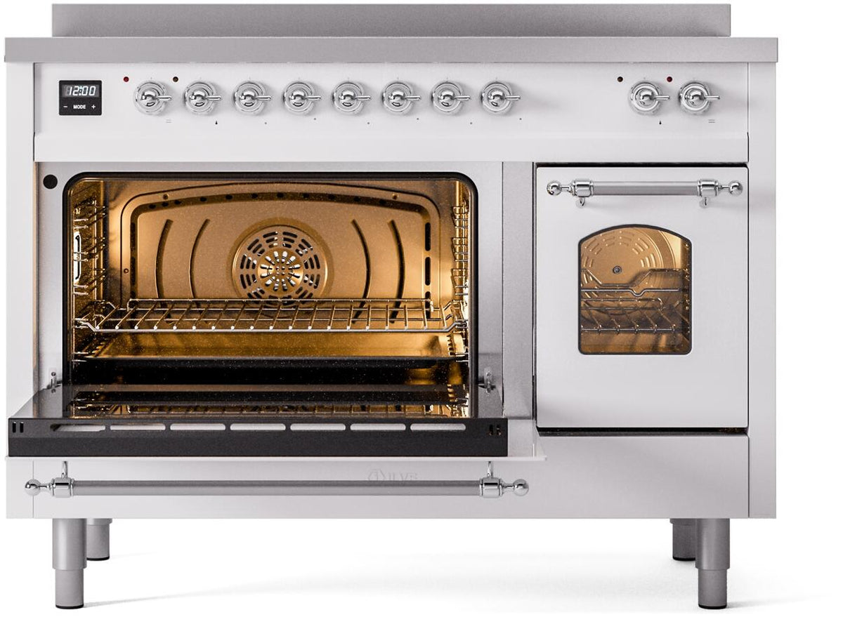 White freestanding induction range with one oven door open and right storage door closed