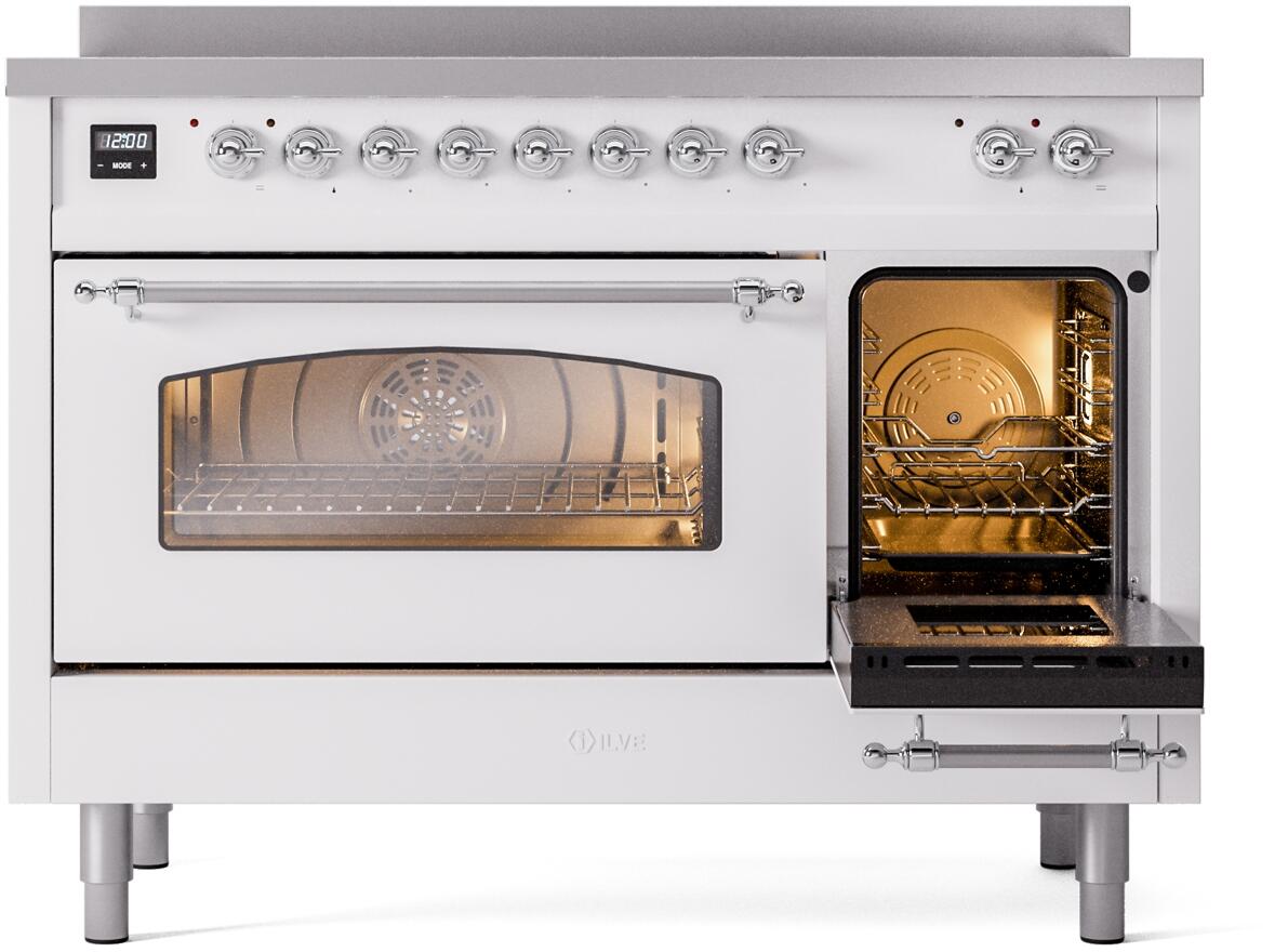 White freestanding induction range with left oven door open and right door closed