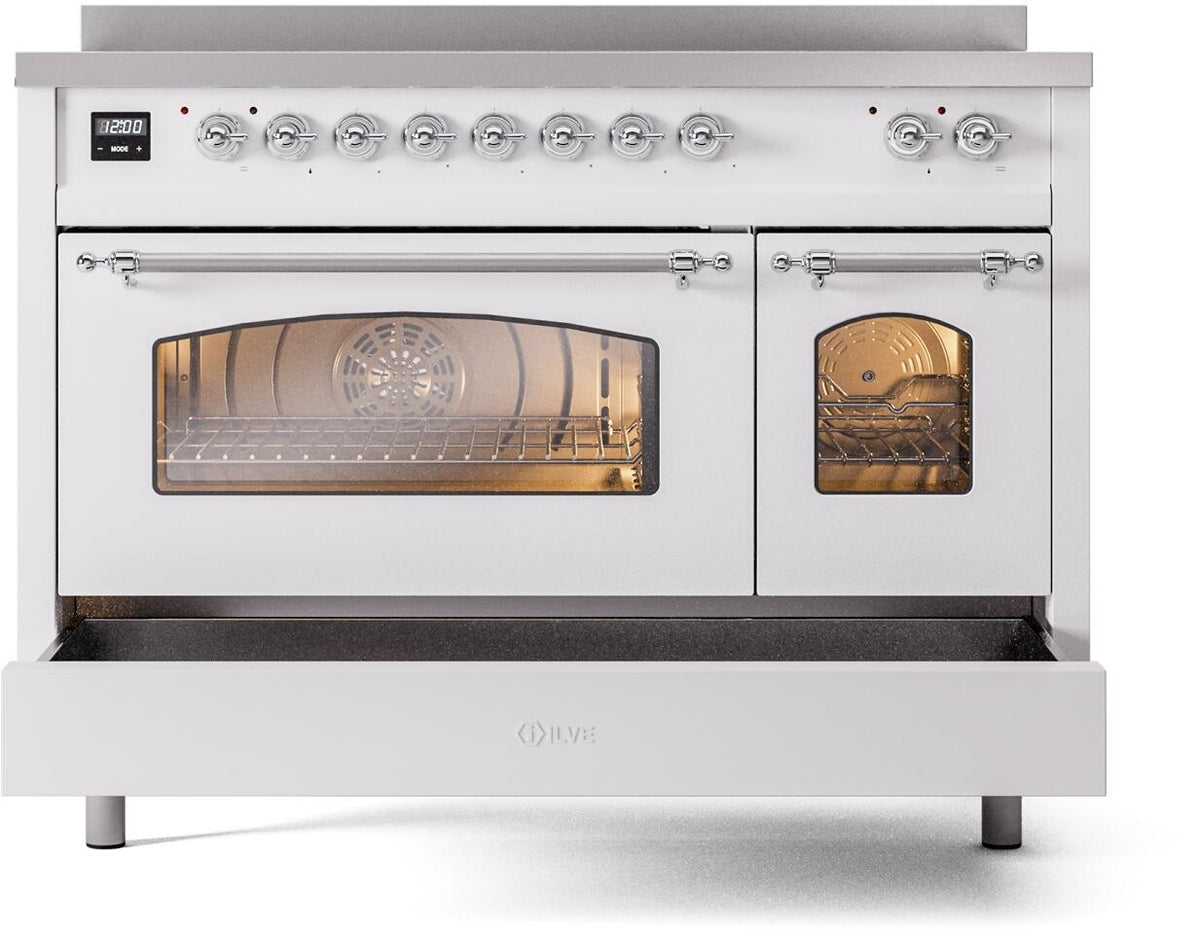 White freestanding induction range with two oven doors, chrome trim, front control knobs