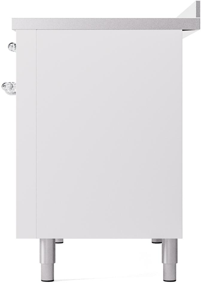 White freestanding induction range base with four legs and side panel, back view