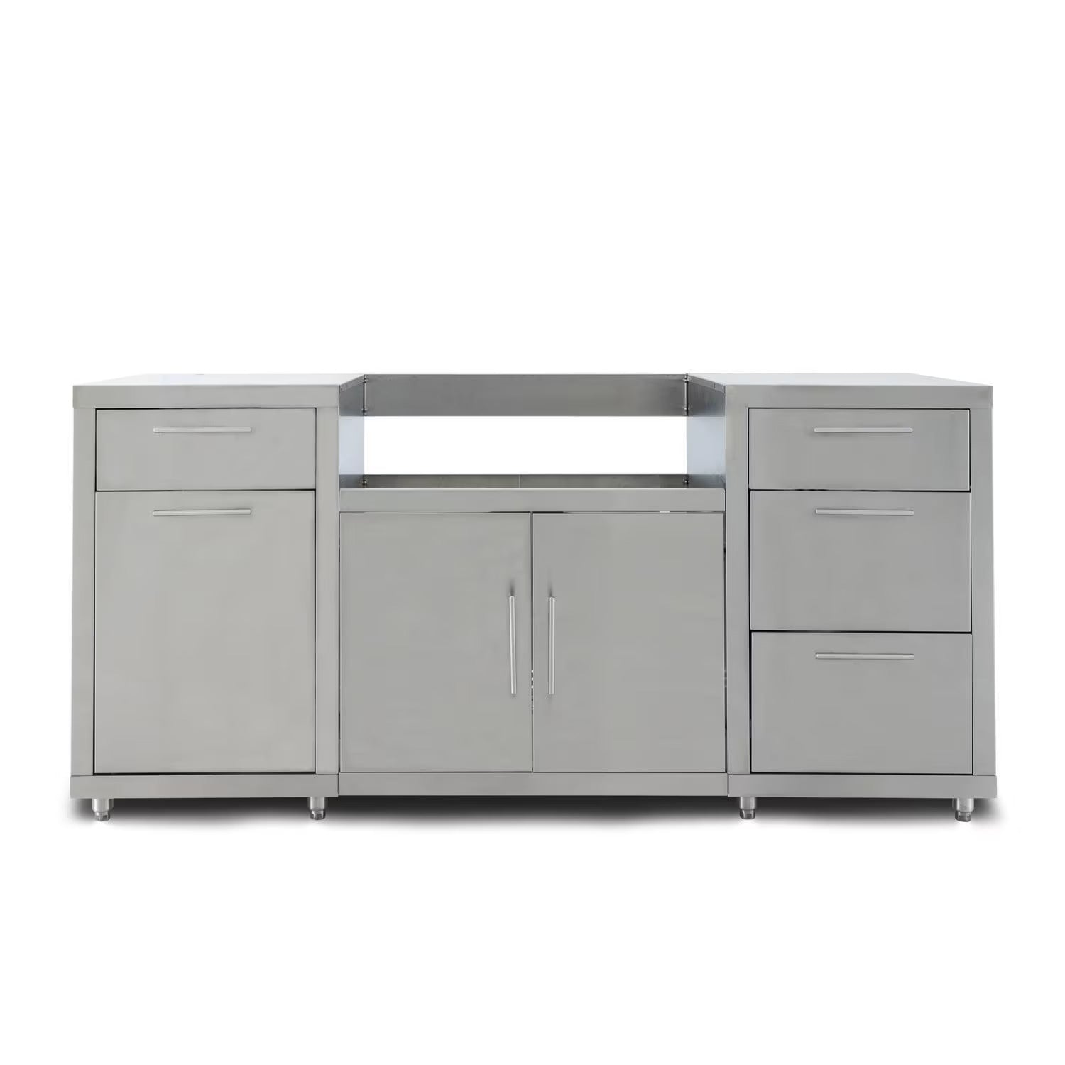 Stainless steel outdoor kitchen island with central cabinet and two side drawers