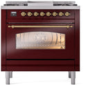 ILVE Nostalgie II 36-Inch Freestanding Natural Gas Dual Fuel Range in Burgundy with Brass Trim (UP36FNMPBUG)