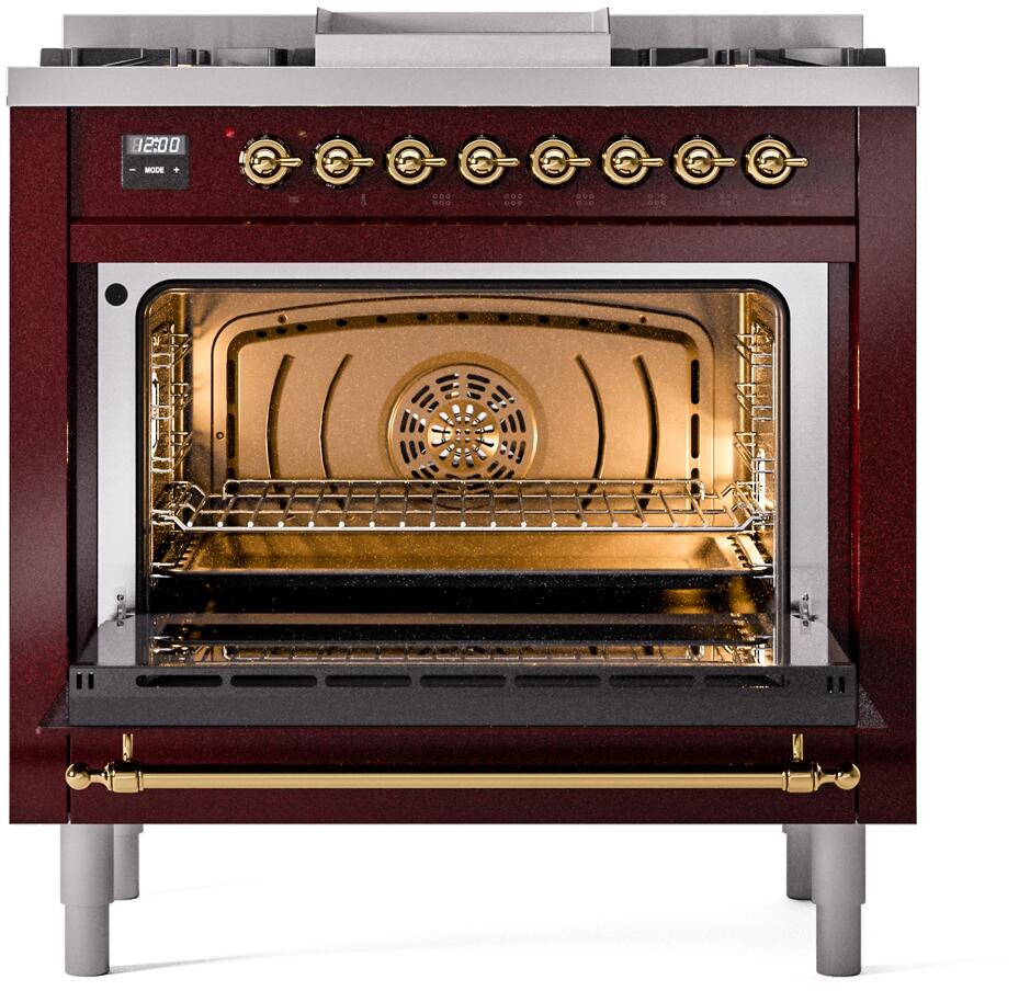 Burgundy dual fuel range with open oven showing interior rack and broiler light