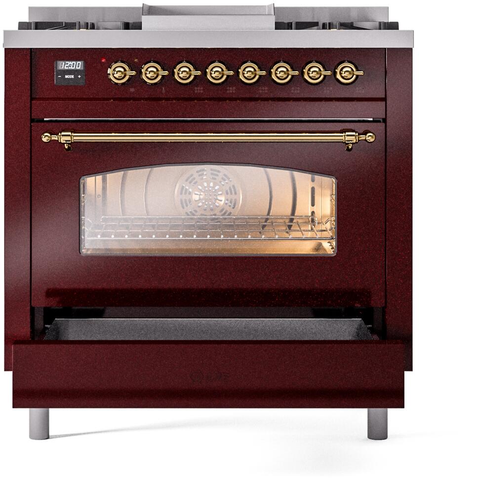 ILVE burgundy dual fuel range with brass trim, oven window, and control panel