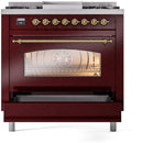 ILVE Nostalgie II 36-Inch Freestanding Natural Gas Dual Fuel Range in Burgundy with Brass Trim (UP36FNMPBUG)