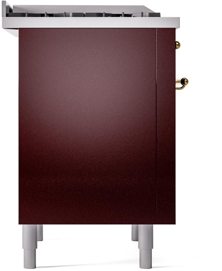 Burgundy freestanding dual fuel range side panel with brass handle hardware
