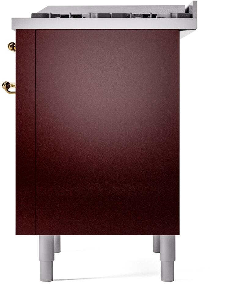 ILVE burgundy freestanding range side panel with brass handle detail and legs
