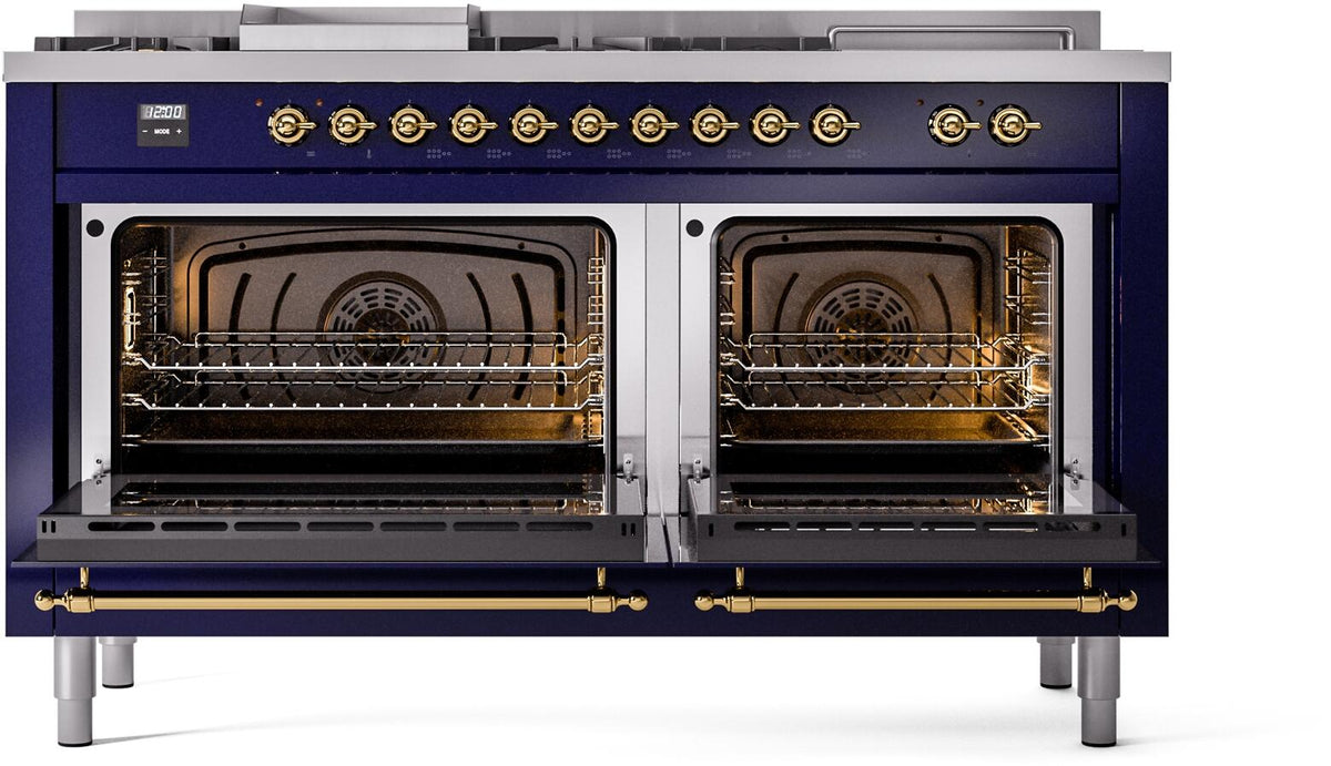 Midnight blue dual-fuel gas range with two open ovens and brass-trim knobs