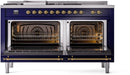 ILVE Nostalgie II 60-Inch Natural Gas Dual Fuel Range with 7 Burners, Griddle, & French Top with Triple Glass Door Oven in Midnight Blue with Brass Trim (UP60FSNMPMBG)