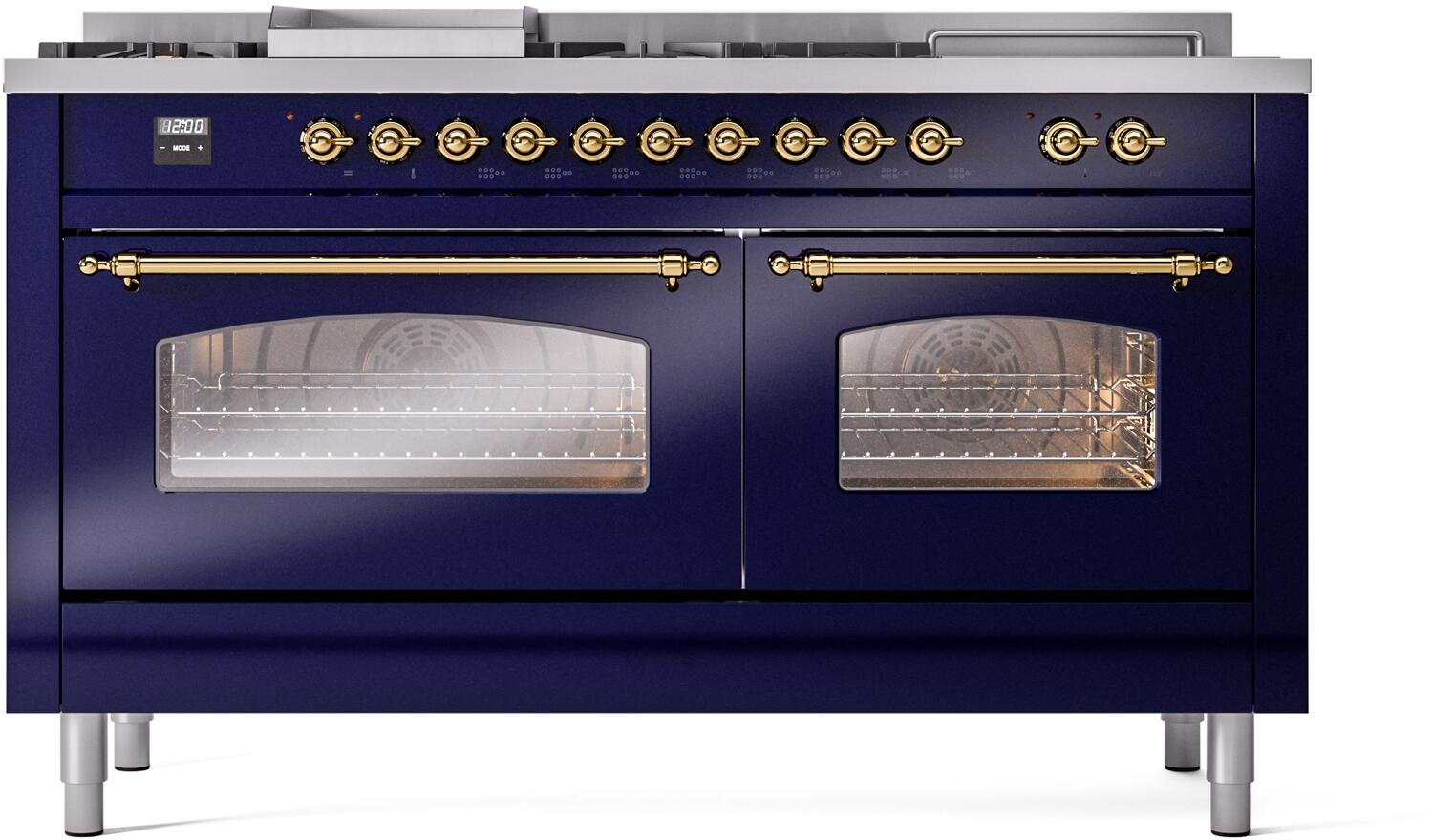 Midnight blue gas range with brass knobs and two triple-glass oven doors