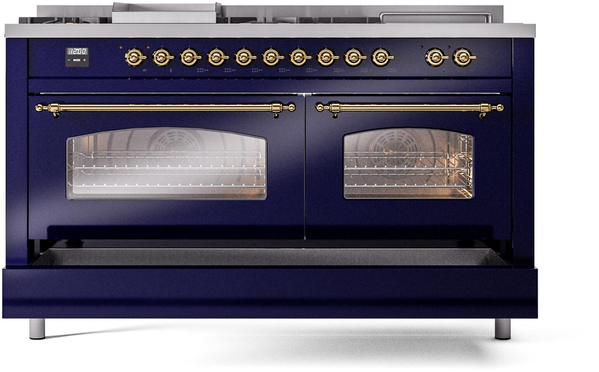 Midnight blue range with brass handles and visible oven window glass