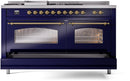 ILVE Nostalgie II 60-Inch Natural Gas Dual Fuel Range with 7 Burners, Griddle, & French Top with Triple Glass Door Oven in Midnight Blue with Brass Trim (UP60FSNMPMBG)