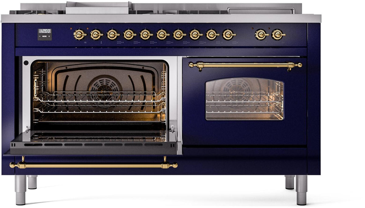 Midnight blue range with left oven open and right oven closed with glass window