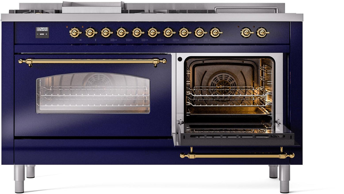 Midnight blue range with left oven open and right oven glass door, racks visible