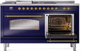 ILVE Nostalgie II 60-Inch Natural Gas Dual Fuel Range with 7 Burners, Griddle, & French Top with Triple Glass Door Oven in Midnight Blue with Brass Trim (UP60FSNMPMBG)
