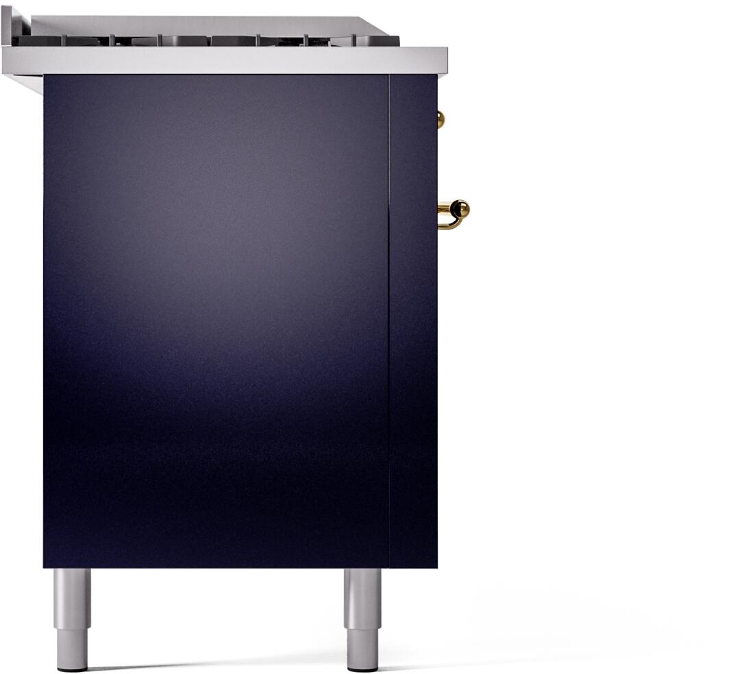 Midnight blue range cabinet with stainless top and brass side handle