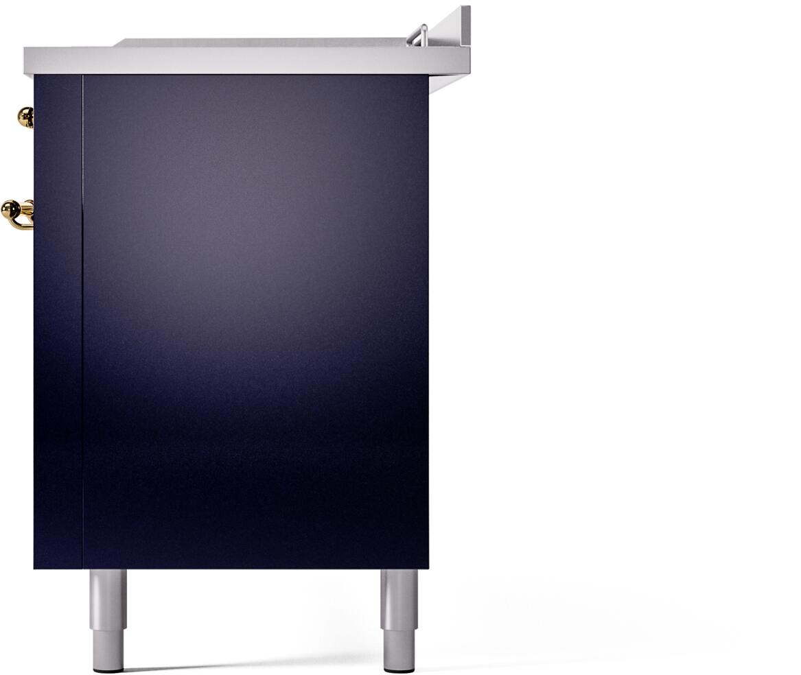 Midnight blue range cabinet with brass corner hardware and stainless top