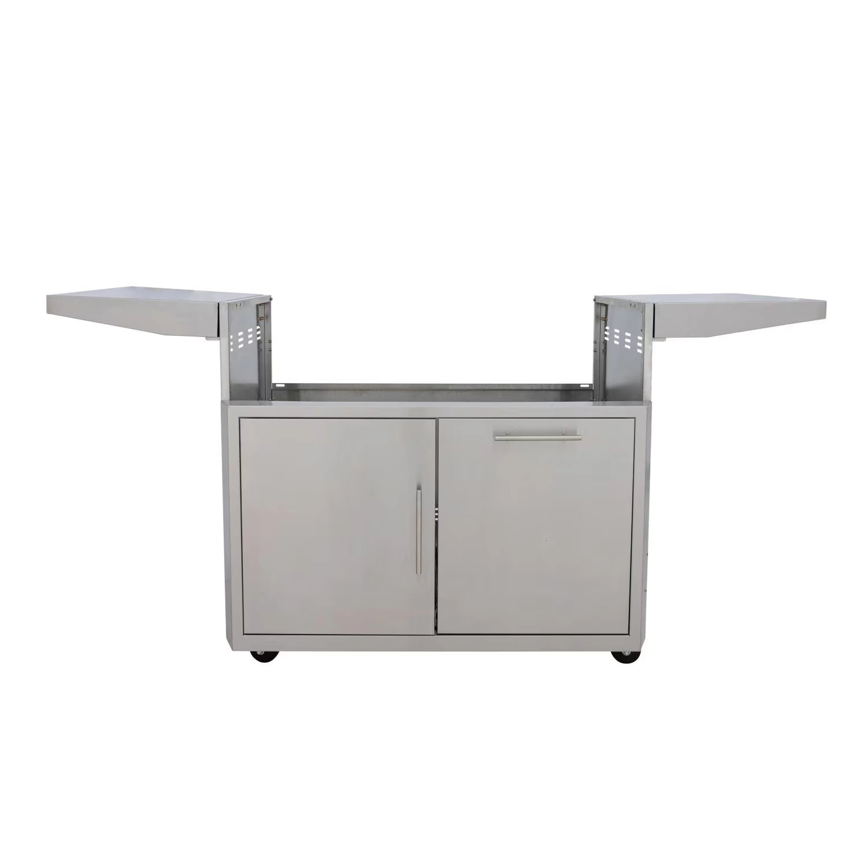 Stainless steel gas grill cart with two front cabinet doors and side storage shelves